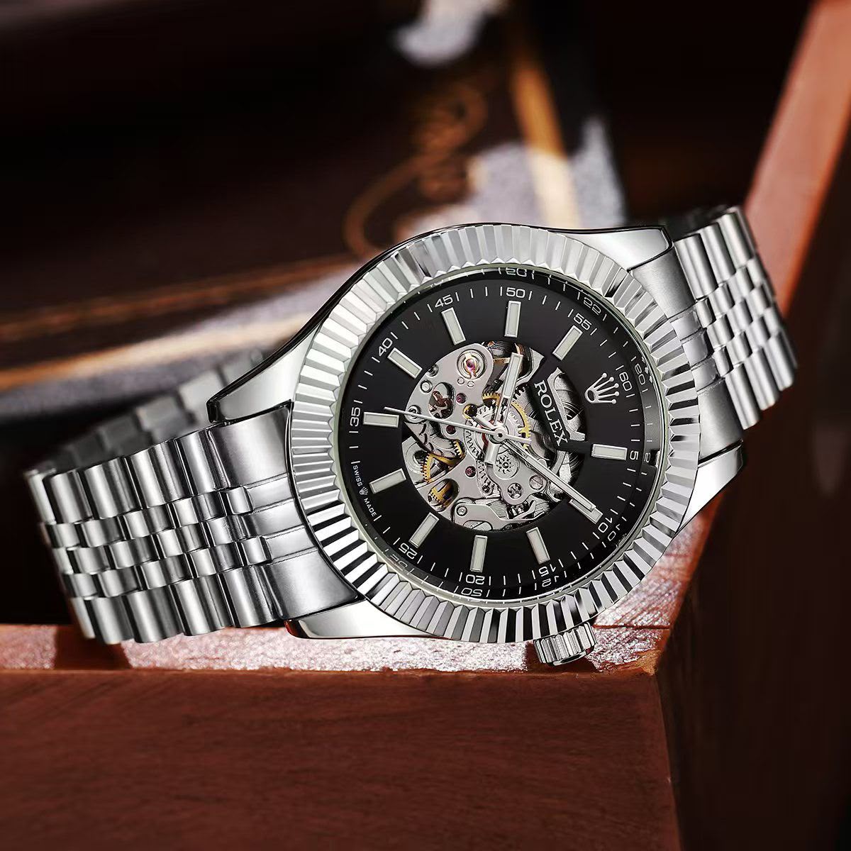 Rolex Automatic Skeleton Stainless Steel Watch