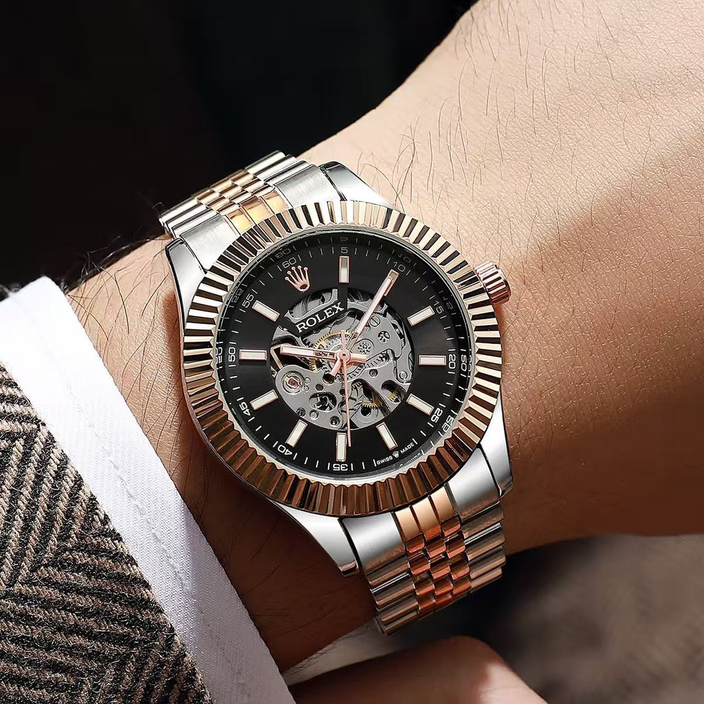Rolex Automatic Skeleton Two Tone Stainless Steel Watch
