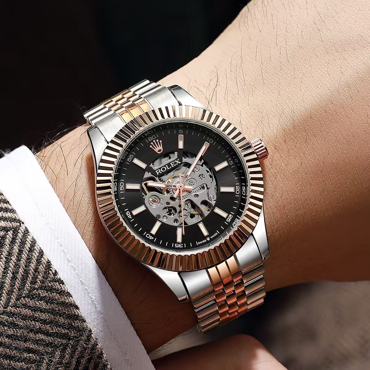 Rolex Automatic Skeleton Two Tone Stainless Steel Watch