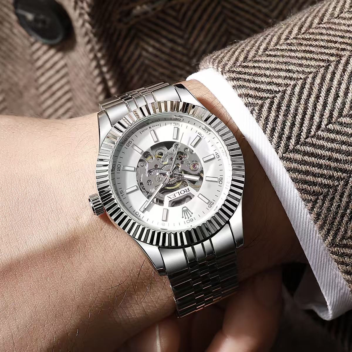 Rolex Automatic Skeleton Stainless Steel Watch